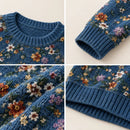 Women's vintage Knitted Printed Blue Ribbed Sweater with Western Daisy Wildflowe