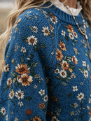 Women's vintage Knitted Printed Blue Ribbed Sweater with Western Daisy Wildflowe