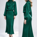 Women Satin Midi Dress Elegant Turtleneck Draped Long Lantern Sleeve Party Dress