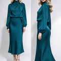 Women Satin Midi Dress Elegant Turtleneck Draped Long Lantern Sleeve Party Dress