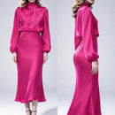 Women Satin Midi Dress Elegant Turtleneck Draped Long Lantern Sleeve Party Dress