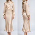 Women Satin Midi Dress Elegant Turtleneck Draped Long Lantern Sleeve Party Dress