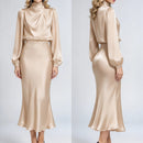 Women Satin Midi Dress Elegant Turtleneck Draped Long Lantern Sleeve Party Dress