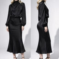 Women Satin Midi Dress Elegant Turtleneck Draped Long Lantern Sleeve Party Dress