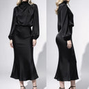 Women Satin Midi Dress Elegant Turtleneck Draped Long Lantern Sleeve Party Dress