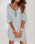 Women V-Neck Half Zip Cable Knit Dress Loose Straight Casual Mini Dress
