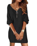Women V-Neck Half Zip Cable Knit Dress Loose Straight Casual Mini Dress