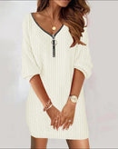 Women V-Neck Half Zip Cable Knit Dress Loose Straight Casual Mini Dress