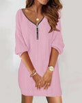 Women V-Neck Half Zip Cable Knit Dress Loose Straight Casual Mini Dress