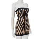Zebra Striped Strapless Backless Women Mini A Line Dress Outfits Autumn Winter O