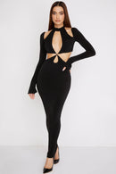 Elegant Long Sleeve Jersey Cutout Maxi Dress, ibuyxi.com