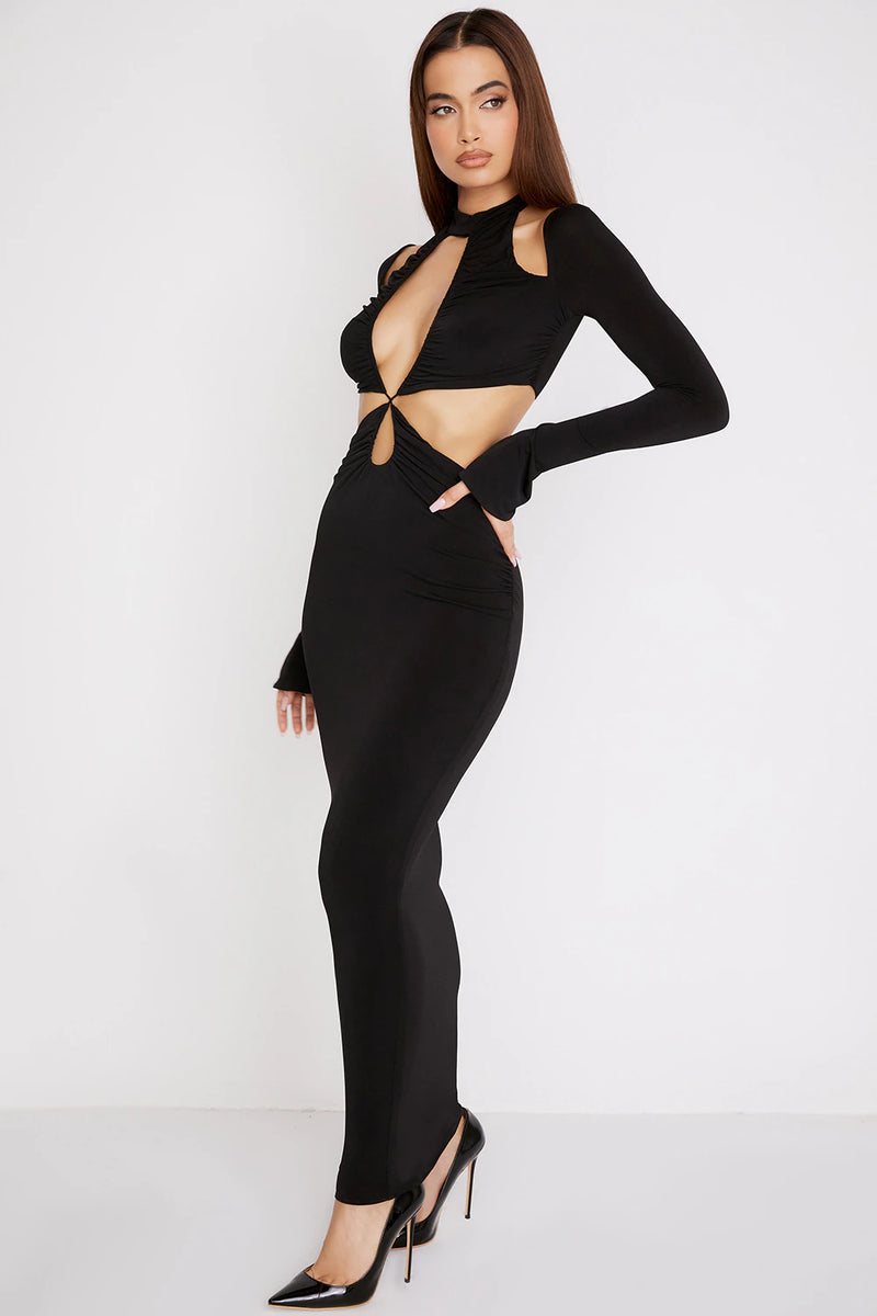 Elegant Long Sleeve Jersey Cutout Maxi Dress, ibuyxi.com