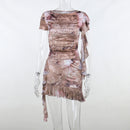 Ruffle Short Sleeve Crop Top Print Two Piece Party Dress Set, iBuyXi.com