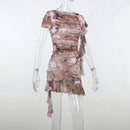 Ruffle Short Sleeve Crop Top Print Two Piece Party Dress Set, iBuyXi.com