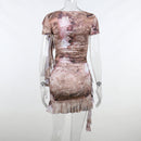 Ruffle Short Sleeve Crop Top Print Two Piece Party Dress Set, iBuyXi.com