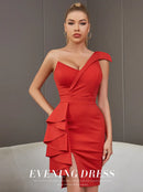 Ruffles Inclined Shoulder Sleeveless Sashes Red Midi Dress, ibuyxi.com
