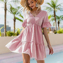 Plaid Print Ruffles Short Sleeves V-Neck Tie-Back Mini Dress, ibuyxi.com