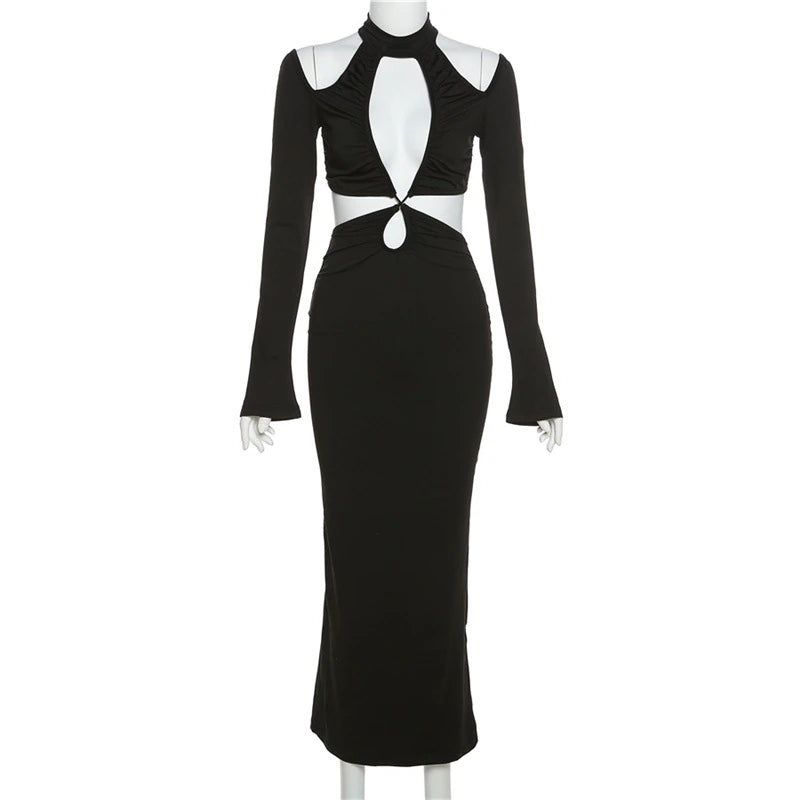 Elegant Long Sleeve Jersey Cutout Maxi Dress, ibuyxi.com