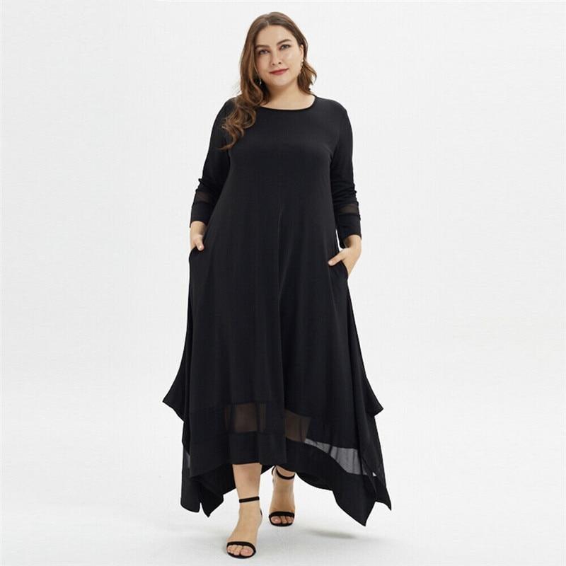 Plus Size O-Neck Tunic Casual Long Sleeve Lace Mesh Maxi Dress, Full sleeves, Black Long maxi, Long dress, Ribbon style, Muslim Dress, iBuyXi.com