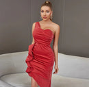 One Shoulder Ruffles Sleeveless Bodycon Red Midi Dress, ibuyxi.com