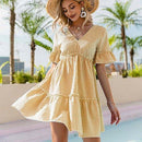 Plaid Print Ruffles Short Sleeves V-Neck Tie-Back Mini Dress, ibuyxi.com