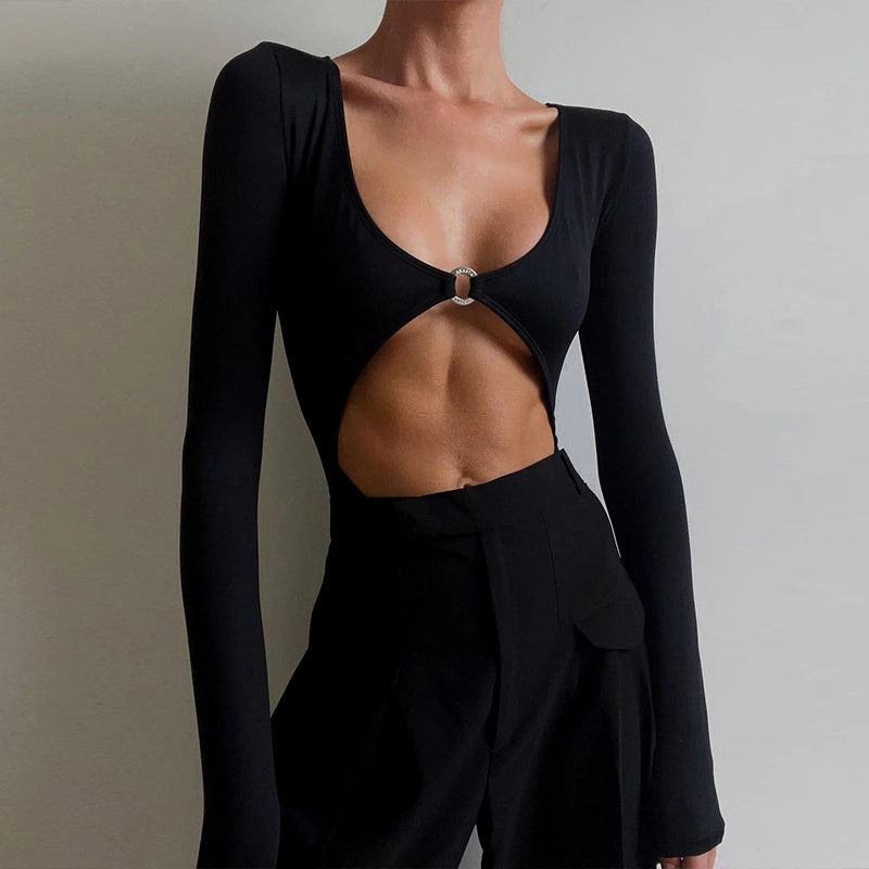 High Rise Cutout Long Sleeve Bodysuit, ibuyxi.com