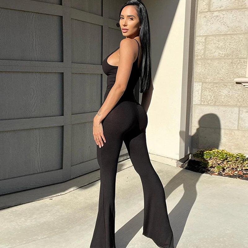 Backless Straps Flare Pant Solid Jumpsuit, ibuyxi.com
