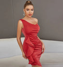 One Shoulder Ruffles Sleeveless Bodycon Red Midi Dress, ibuyxi.com