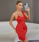 Ruffles Inclined Shoulder Sleeveless Sashes Red Midi Dress, ibuyxi.com