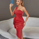 One Shoulder Ruffles Sleeveless Bodycon Red Midi Dress, ibuyxi.com