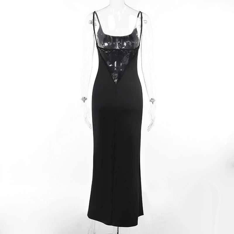 Elegant High Rise Slit Lace Patchwork Backless Maxi Dress, ibuyxi.com