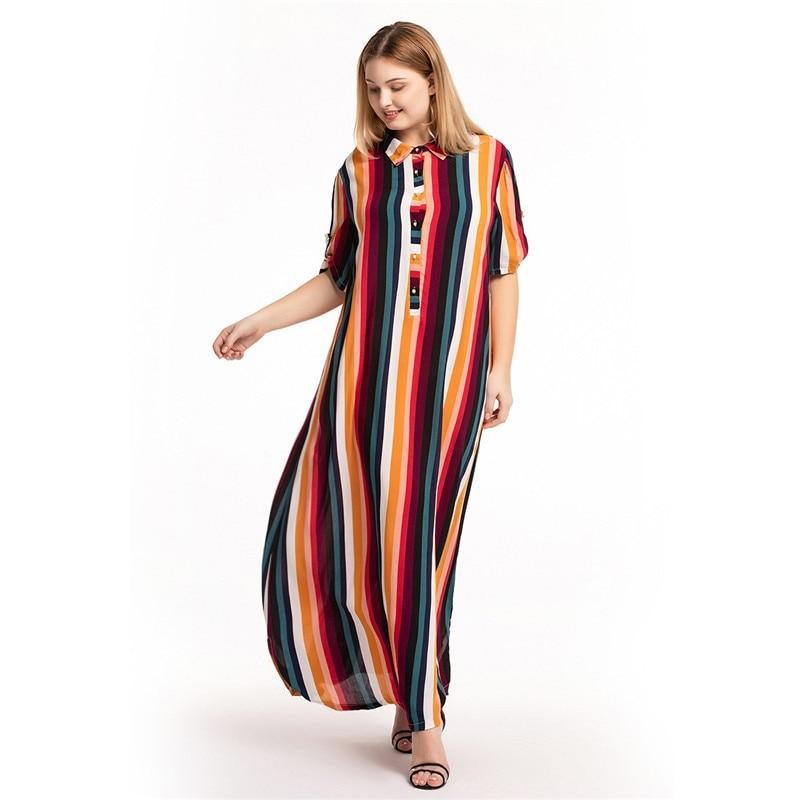 Multicolor Turn Down Collar Half Sleeve Striped Maxi Shirt Dress XXXL Multicolor Turn Down Collar Half Sleeve Striped Maxi Shirt Dress XXXL