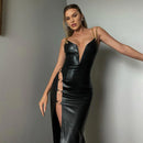 Chain Deep V-Neck High Rise Slit Party Maxi Dress, ibuyxi.com
