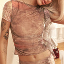 Ruffle Short Sleeve Crop Top Print Two Piece Party Dress Set, iBuyXi.com