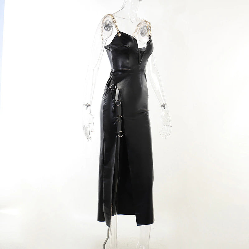 Chain Deep V-Neck High Rise Slit Party Maxi Dress, ibuyxi.com