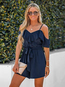Belted Open Shoulder V-neck Ruffled Bodysuit Romper, ibuyxi.com