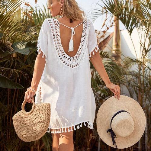 Beach Cover Up Swimsuit In White Color And Lace And Comes With Elegant looks on Bikini And Beach Wear. - ibuyxi.com