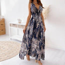 Bohemian A-Line V-Neck Sleeveless Maxi Dress, iBuyXi.com, Bohemian Long Dress, Floral Printed Boho Maxi Dress