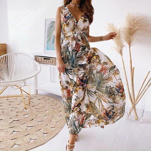Bohemian A-Line V-Neck Sleeveless Maxi Dress, iBuyXi.com, Bohemian Long Dress, Floral Printed Boho Maxi Dress