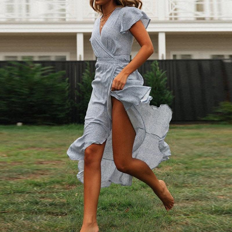 Bohemian Floral Print Ruffles Short Sleeve Maxi Dress Sky Blue / S