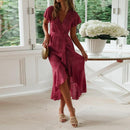 Bohemian Floral Print, Ruffles Short Sleeve Maxi Dress, Women Bohemian V neck, Women's Summer Dress Bohemian Style  Suitable for Summer Season, iBuyXi.com