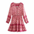 Boho Floral Print V-Neck Button Pleated A-Line Mini Dress