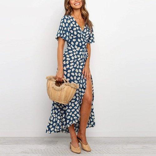 Boho Floral Print V-Neck Split Wrap Ruffles Short Sleeve Maxi Dress M Boho Floral Print V-Neck Split Wrap Ruffles Short Sleeve Maxi Dress M