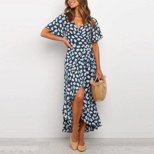 boho short sleeve maxi dress Paisley Print V-Neck Short Sleeve Boho Maxi Dress With Ruffle Details Multicolour / XL / 82%Viscose+18%Polyamide