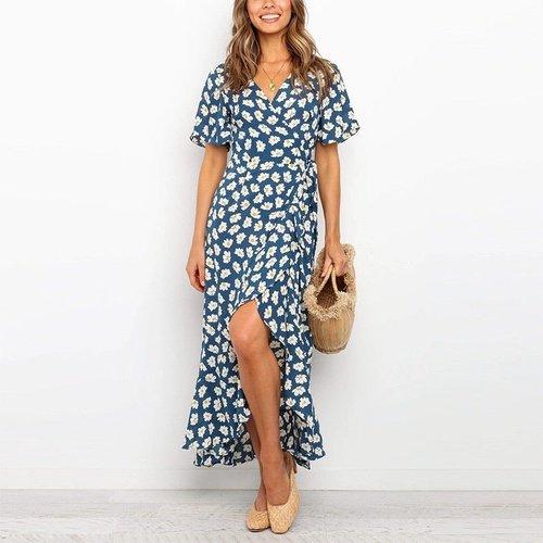 Boho Floral Print V-Neck Split Wrap Ruffles Short Sleeve Maxi Dress M Boho Floral Print V-Neck Split Wrap Ruffles Short Sleeve Maxi Dress M