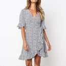 Boho Ruffles Short Sleeve Polka Dot Print V-Neck Mini Dress,Boho Polka Dot Print V-Neck A-Line Midi Dress,Bohemian Wrap Floral Print,Off-Shoulder Floral Print Short Sleeve Mini Dress, A-Line Short  ,iBuyXi.com