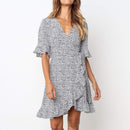 Boho Ruffles Short Sleeve Polka Dot Print V-Neck Mini Dress,Boho Polka Dot Print V-Neck A-Line Midi Dress,Bohemian Wrap Floral Print,Off-Shoulder Floral Print Short Sleeve Mini Dress, A-Line Short  ,iBuyXi.com