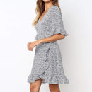 Boho Ruffles Short Sleeve Polka Dot Print V-Neck Mini Dress,Boho Polka Dot Print V-Neck A-Line Midi Dress,Bohemian Wrap Floral Print,Off-Shoulder Floral Print Short Sleeve Mini Dress, A-Line Short  ,iBuyXi.com