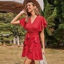 Boho Ruffles Short Sleeve V-Neck A-Line Polka Dot Print Wrap Mini Dress,Irregular Dress Tunic Mini Dress,Plus Wide Leg V-Neck High Waist Lace Up Jumpsuit,Size Women Short Sleeve, Print Patchwork Causal Dress Loose Overs, Maxi Irregular Dresses, iBuyXi.com