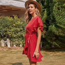 Boho Ruffles Short Sleeve V-Neck A-Line Polka Dot Print Wrap Mini Dress,Irregular Dress Tunic Mini Dress,Plus Wide Leg V-Neck High Waist Lace Up Jumpsuit,Size Women Short Sleeve, Print Patchwork Causal Dress Loose Overs, Maxi Irregular Dresses, iBuyXi.com